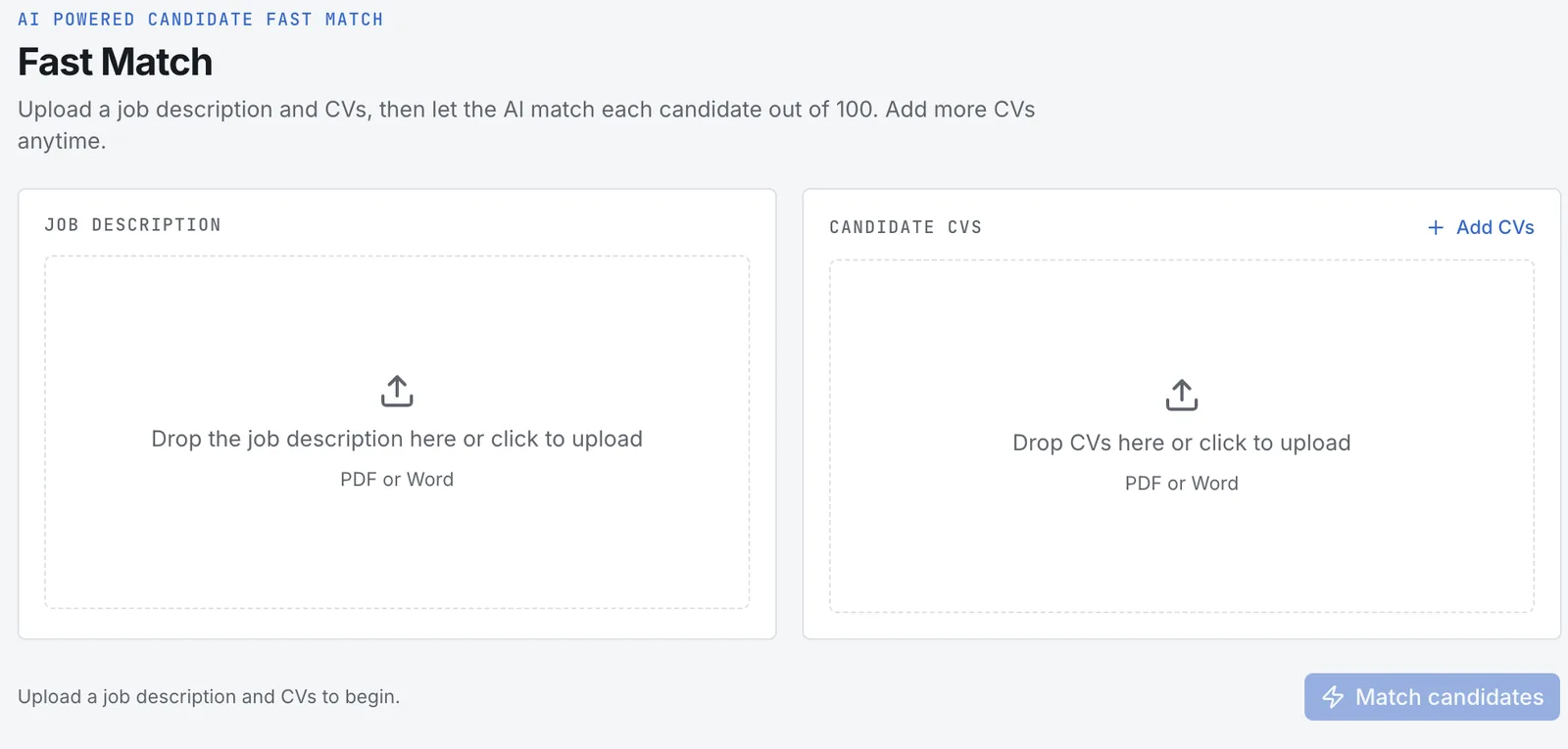 Amiral Fast Match: upload a job description and CVs, and the AI scores each candidate out of 100