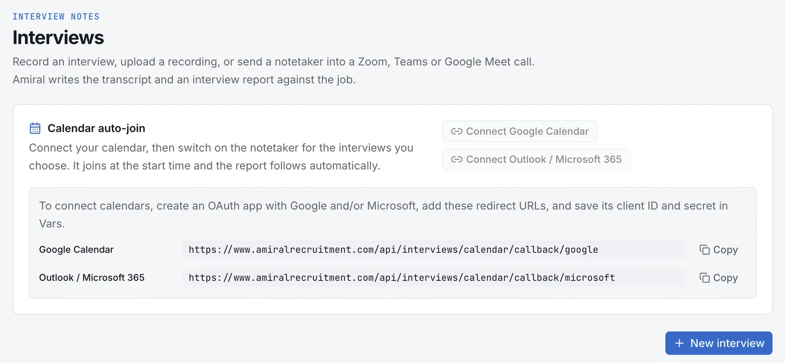 Amiral Interviews: record an interview or send a notetaker into a Zoom, Teams or Google Meet call
